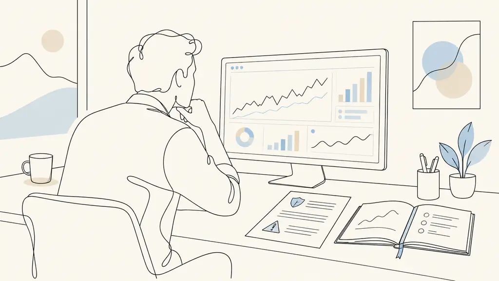 futures trader reviewing a simulated performance account dashboard beside a printed risk disclosure and trading journal, no visible text or logos
