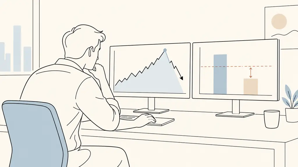 futures trader watching an open position reverse from an equity peak while comparing account balance and loss threshold on two monitors, no visible text or logos