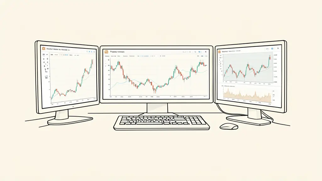 Editorial photo of a professional trading workstation with multiple monitors displaying candlesticks charts and a Forex currency pair, high quality, neutral lighting
