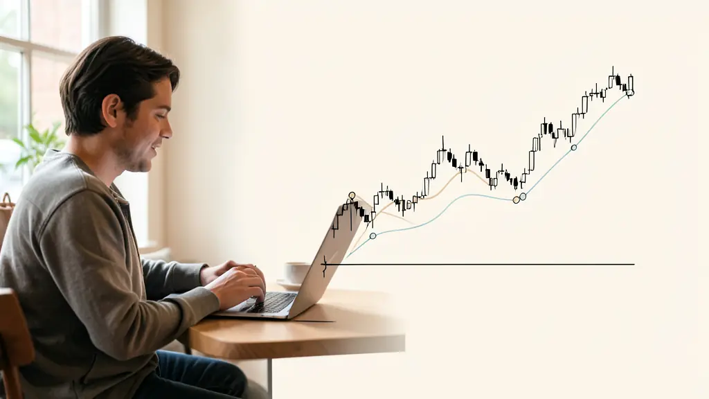 Editorial photo of a person using a laptop in a coffee shop, showing a long term candlestick chart with a few marked swing points, cozy atmosphere, natural light