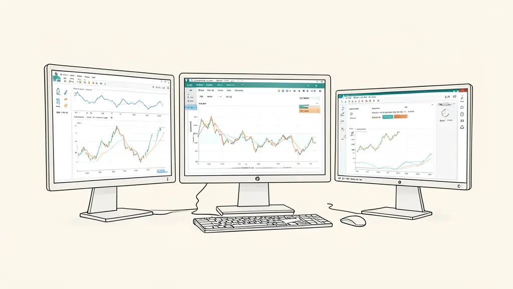 A professional trading workspace with multiple monitors showing financial charts, a focus on a software interface managing risk parameters and a broker connection window, editorial style, no text, no logo