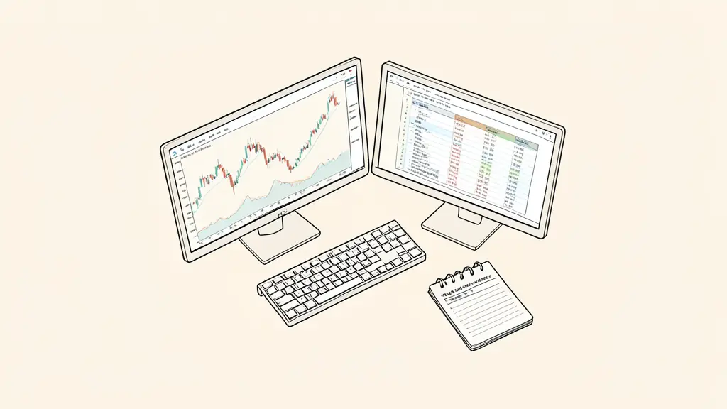 A high-angle shot of a professional trading workstation with two monitors displaying candlestick charts and a digital notepad showing a comparison table between two trading strategies, editorial style, no text.