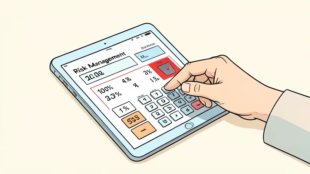 Close-up of a trader's hand adjusting a risk management calculator on a tablet, showing percentage calculations and a red warning zone, editorial style, no text.
