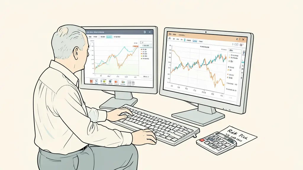 A trader monitoring an equity curve and open index positions on two computer screens, with a calculator and handwritten risk limits beside the keyboard