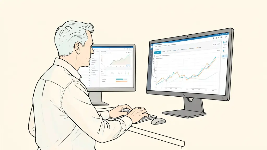 A futures trader reviewing an evaluation dashboard, a risk limit panel and an open contract position on two computer monitors, editorial photography without text or logos