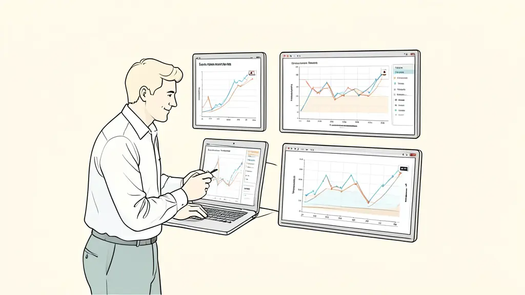 A trader calculating risk beside a futures chart, four marked losing trades and a drawdown threshold visible on separate screens, editorial photography without text or logos