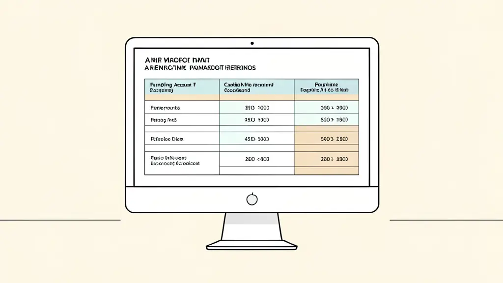A professional comparison table on a computer screen showing different funding account tiers and capital amounts, editorial style, high quality