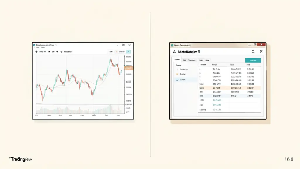 A split screen showing a trading chart on TradingView and an order execution window on MetaTrader 5, editorial style, financial workspace