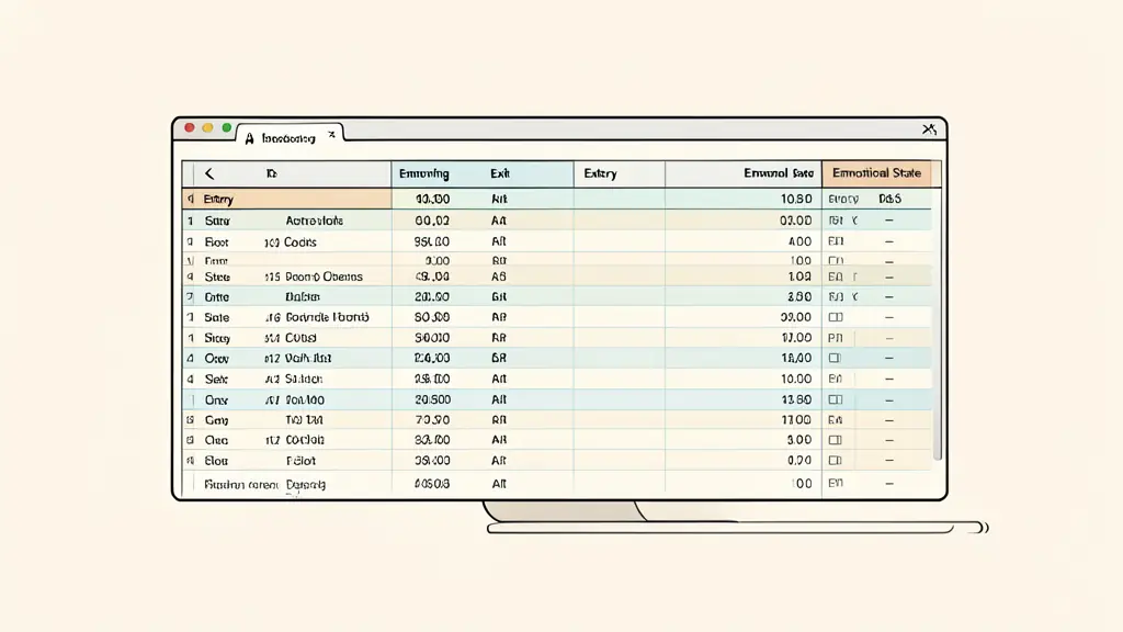 A close-up of a professional trading screen showing a detailed trade log with columns for entry, exit, and emotional state, editorial style, no text