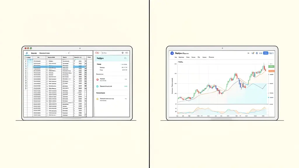 A split screen showing a complex spreadsheet, a clean Notion database and a modern trading dashboard with colorful performance charts, editorial style, no text