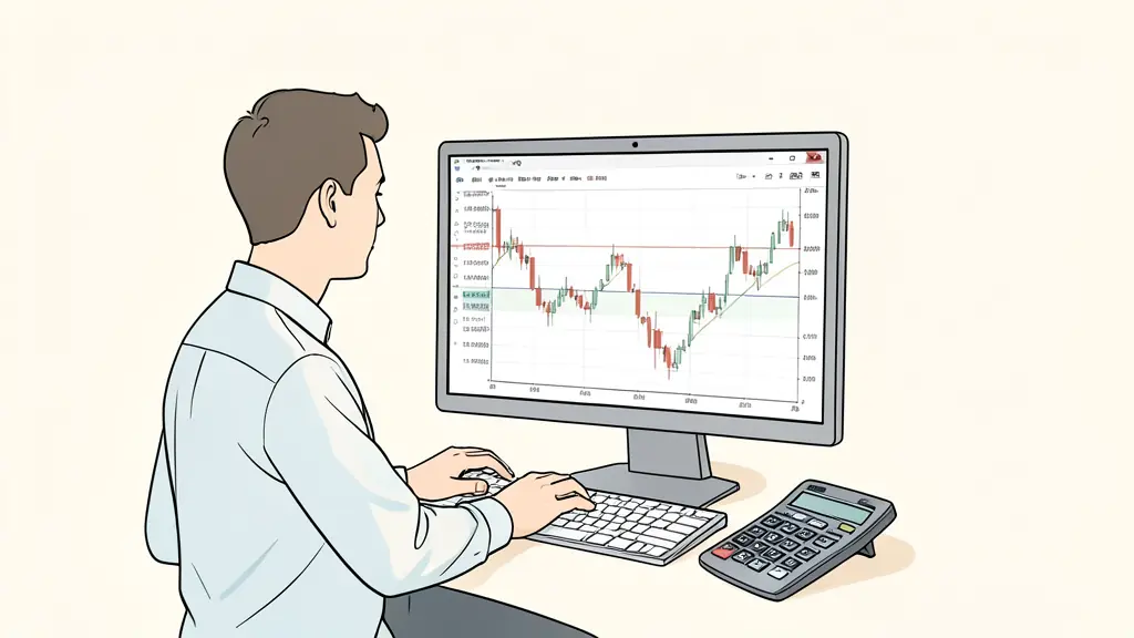 Forex trader viewing an EUR USD order ticket, candlestick chart showing a twenty-pip move, calculator beside the keyboard