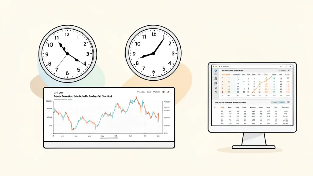 Trading desk with three clocks for Asian European and American sessions, volatile currency chart at the US open, economic calendar on a monitor