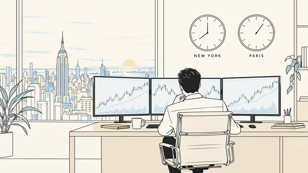American trading desk with New York and Paris clocks, futures chart on multiple monitors, early morning city light