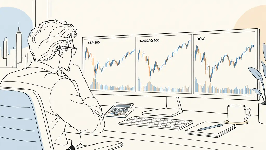 Trader comparing S&P 500, Nasdaq 100 and Dow Jones charts, risk calculator beside keyboard, volatile opening candles