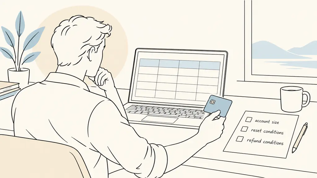 trader comparing an empty pricing grid on a laptop with a payment card and a handwritten checklist of account size, reset and refund conditions