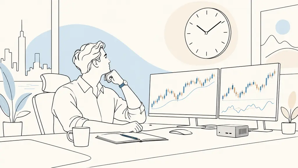 forex and index trader checking a wall clock beside dual chart monitors and a small VPS computer
