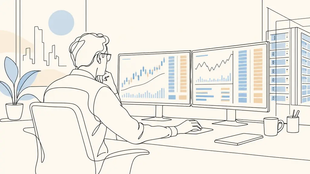 trader placing a buy order on a dual-monitor desk showing bid and ask prices, with a server rack visible in the background, no text or logos