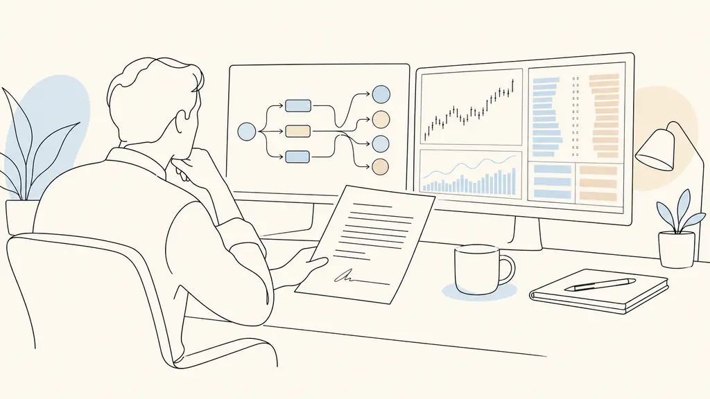 trader reviewing an order-routing diagram beside a broker platform and a printed market-making agreement, no text or logos