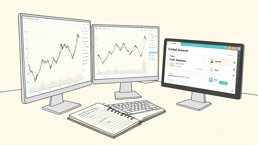 A professional trading workspace with multiple monitors showing financial charts, a notebook with profit targets, and a digital dashboard displaying a funded account status.