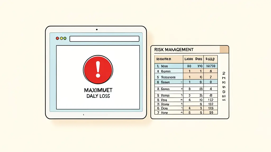 A close-up of a trading screen showing a red warning alert for maximum daily loss, next to a risk management spreadsheet with calculated lot sizes.