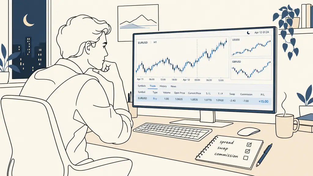 Trader reviewing forex and stock index charts on MetaTrader at night, with an overnight position visible and a handwritten cost checklist beside the keyboard