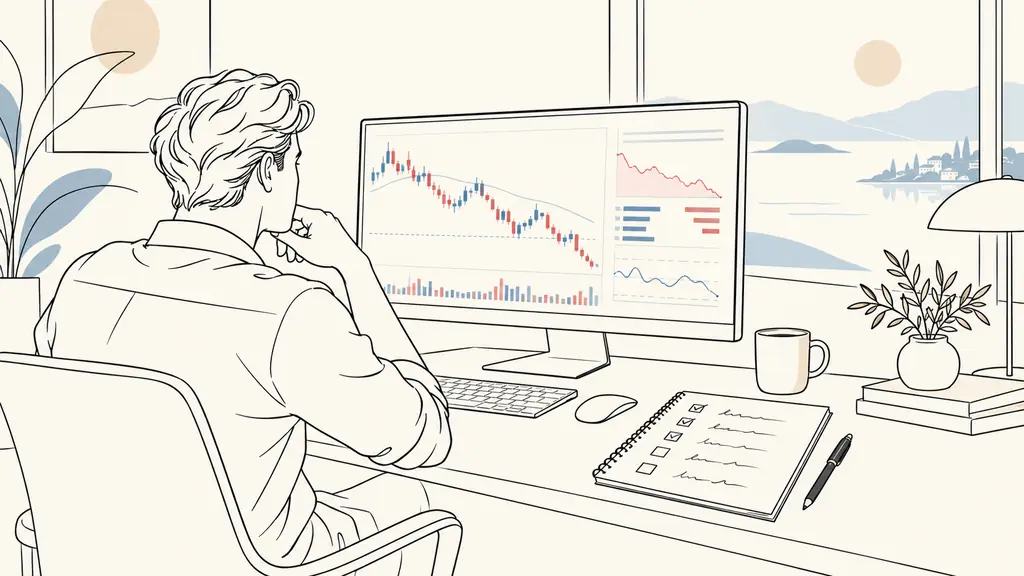 Trader checking a 100,000 euro simulated account, an open position with unrealized loss, and a handwritten drawdown checklist beside the monitor, no text or logo