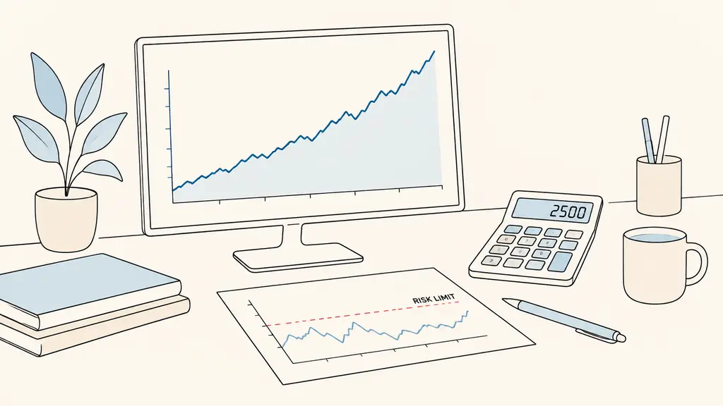 trading workstation showing a rising equity curve, calculator displaying 2500, risk limit marked on a paper chart