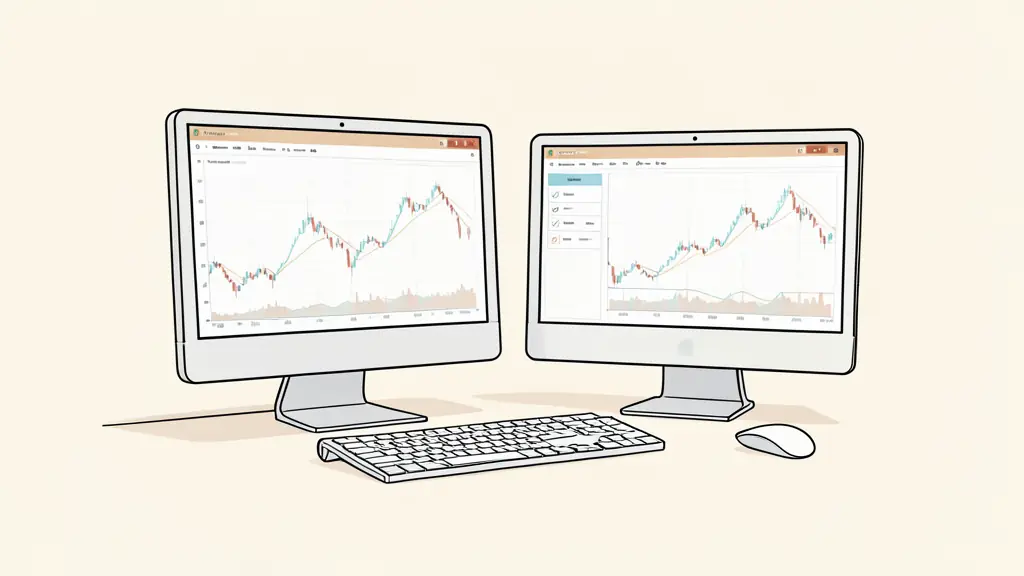 A professional workspace with two computer monitors showing trading charts and a checklist with two completed steps, cinematic lighting, editorial style