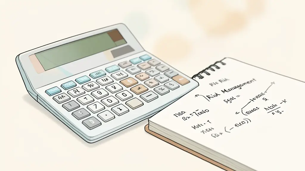 Close-up of a financial calculator and a notebook with risk management formulas, soft bokeh background, professional photography