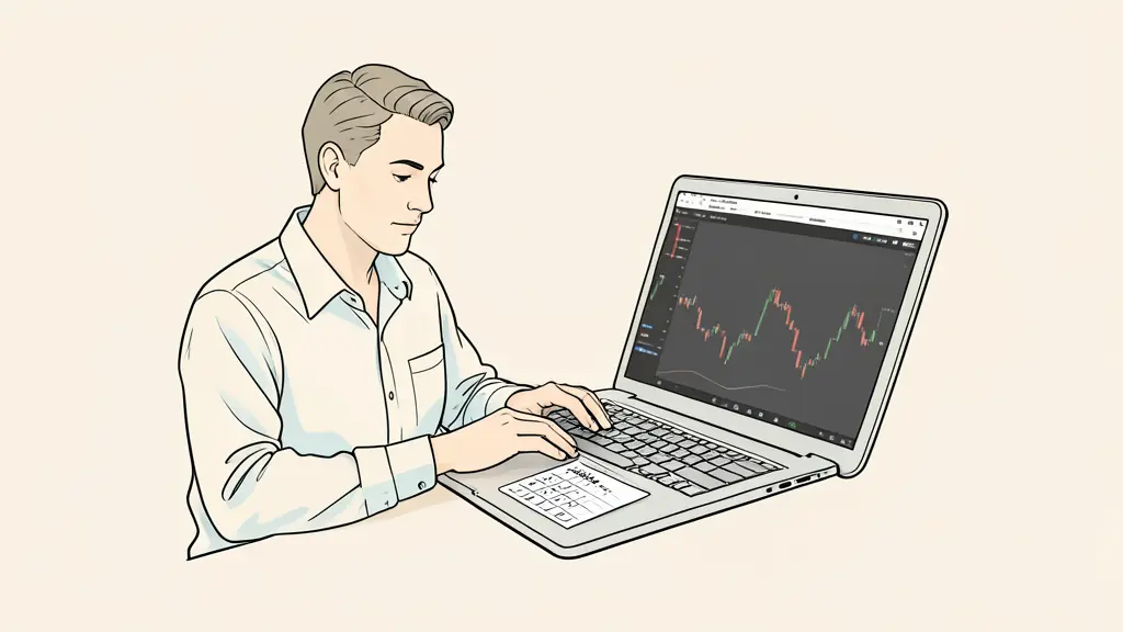trader reviewing an unknown trading service on a laptop, risk checklist beside the keyboard, trading platform visible without logos