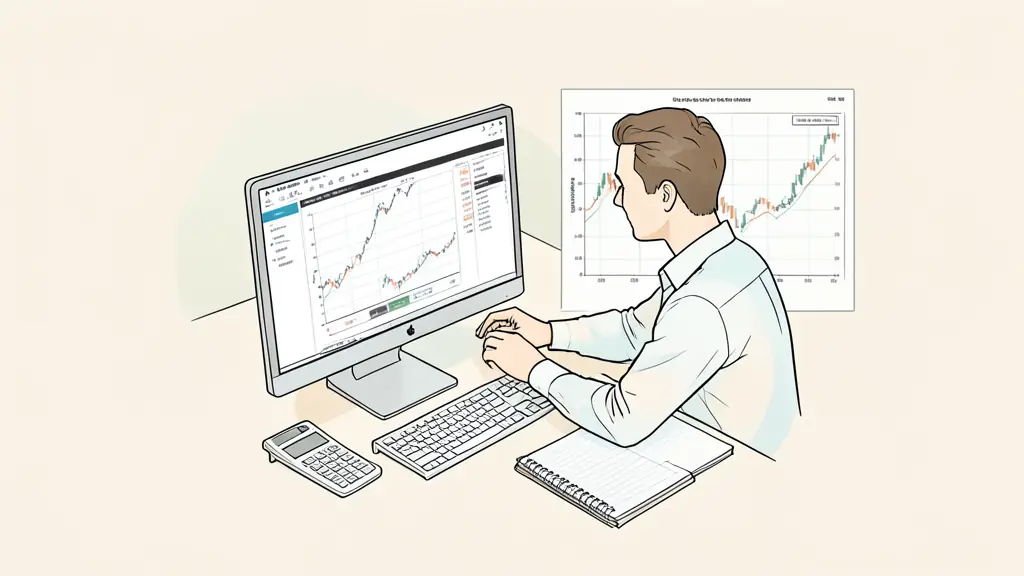 trader reviewing a risk table on a monitor, calculator beside a trading journal, index chart in the background