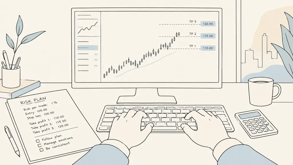 close-up of a trader placing three staggered take-profit orders on a trading platform, with a handwritten risk plan and calculator beside the keyboard