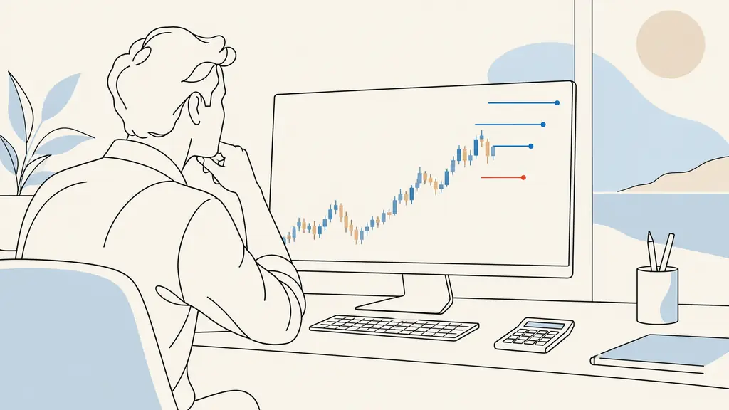 trader reviewing a candlestick chart with three staggered horizontal target lines, a nearby stop marker and a calculator beside the keyboard, no text or logo