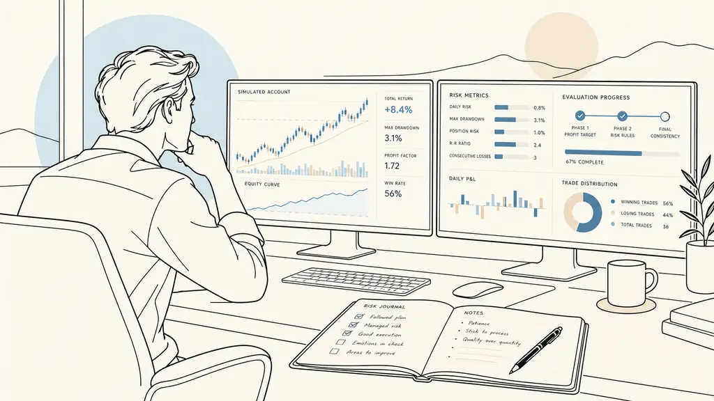 futures trader reviewing an evaluation dashboard, risk journal beside the keyboard, simulated account chart on two monitors