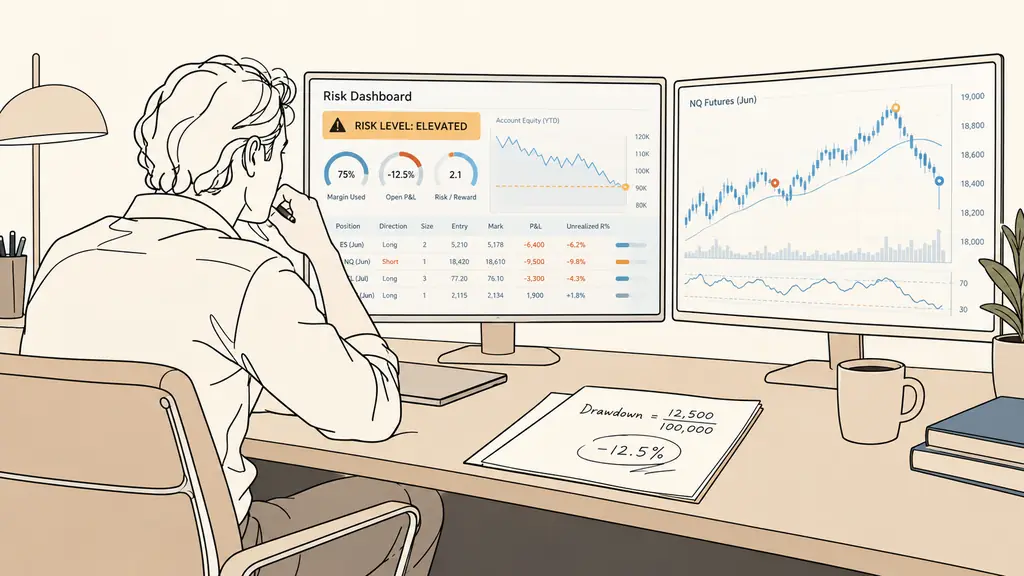 trader monitoring several futures positions, handwritten drawdown calculation, warning level visible on a risk dashboard