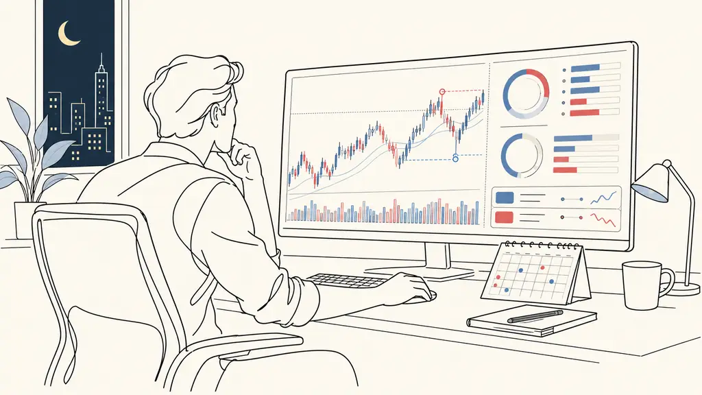 professional trader monitoring an intraday index chart at night, economic calendar beside the keyboard, multiple open-position risk indicators on screen