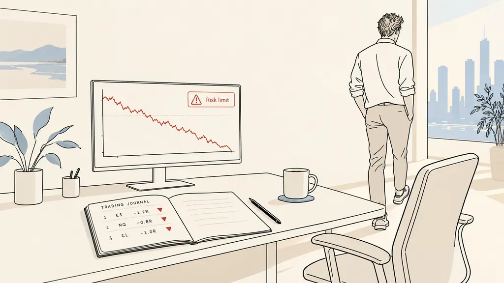 trading desk showing a falling equity curve, three losing trades in a journal, trader stepping away after a session risk alert