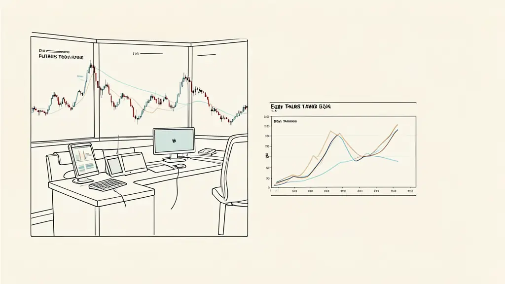 futures trading desk during a volatile session, equity curve falling toward a risk threshold, mobile position monitor nearby